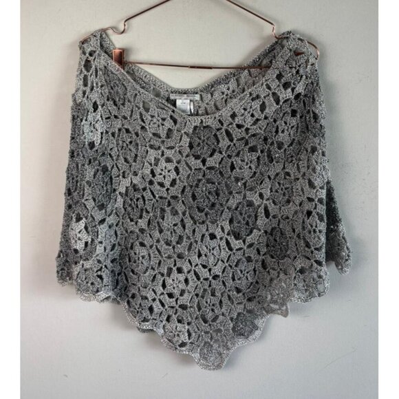 Alberto Makali Womens Crochet Knit Poncho Top Gray Boho Cover Up Size S/M - Picture 3 of 7